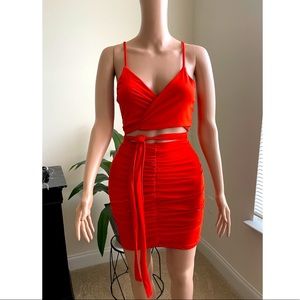 Hot Red Two Piece Skirt Set